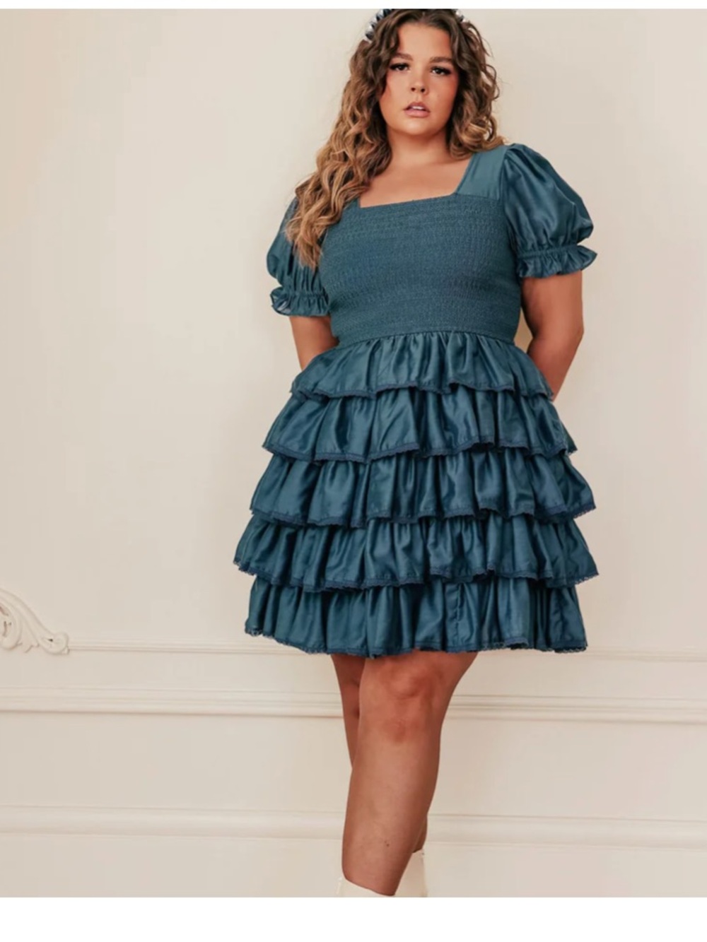 JessaKae Tiered Ruffle Puff Sleeve Mini Dress in Teal